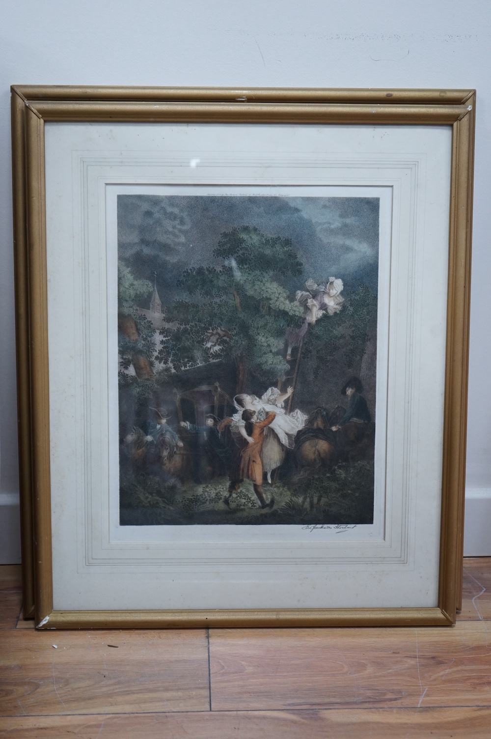 Four 19th century and 20th century colour prints to include a pair by E Jackson Stodart and one after H. Calvert, ‘The meet of the vine hounds’, maple framed, largest 54 x 80cm. Condition - varies